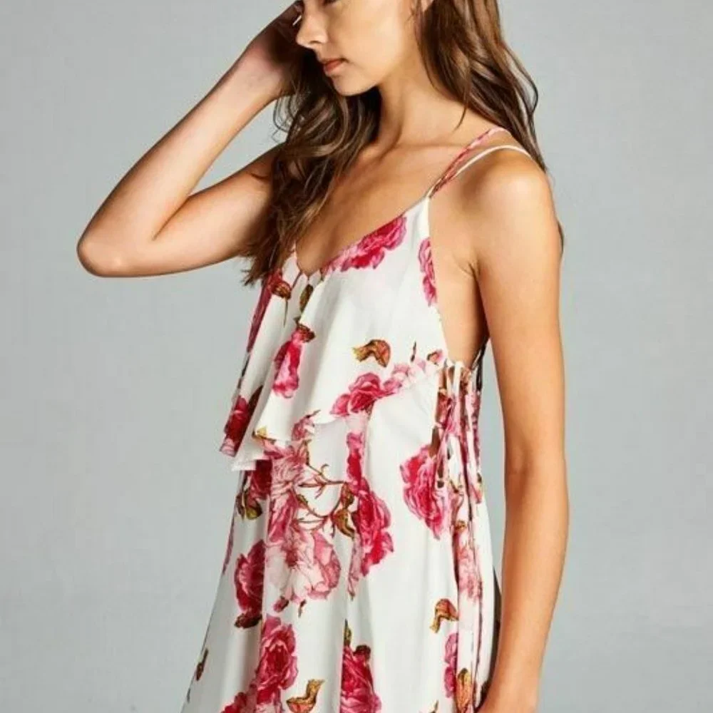 AAKAA Boho Ivory Pink Floral Lace-up Maxi Dress - Picture 4 of 5